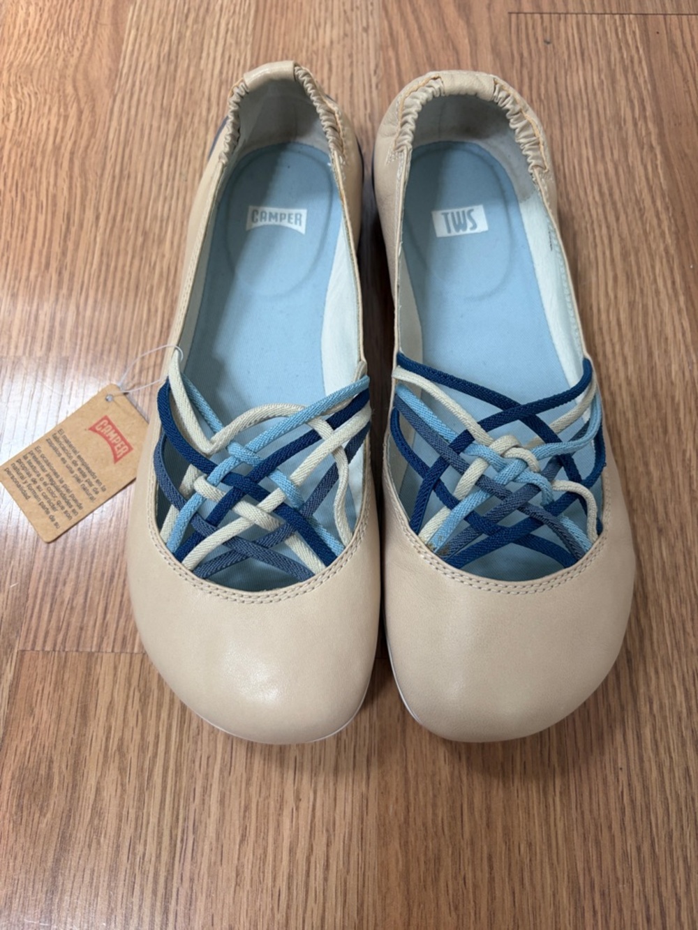 Camper Beige Ballet Flats with Blue Elastic Straps